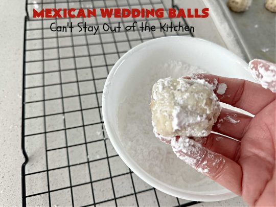 Mexican Wedding Balls | Can't Stay Out of the Kitchen | this vintage #recipe is perfect for #Christmas #baking & the #holidays. Rolling the #cookies in #PowderedSugar twice gives that extra bit of sweetness that's just wonderful. Great for #tailgating & office parties, too. #dessert #pecans #ChristmasDessert #PecanButterballs #SwedishTeaCakes #RussianTeaCakes #MexicanWeddingBalls