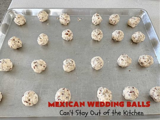 Mexican Wedding Balls | Can't Stay Out of the Kitchen | this vintage #recipe is perfect for #Christmas #baking & the #holidays. Rolling the #cookies in #PowderedSugar twice gives that extra bit of sweetness that's just wonderful. Great for #tailgating & office parties, too. #dessert #pecans #ChristmasDessert #PecanButterballs #SwedishTeaCakes #RussianTeaCakes #MexicanWeddingBalls