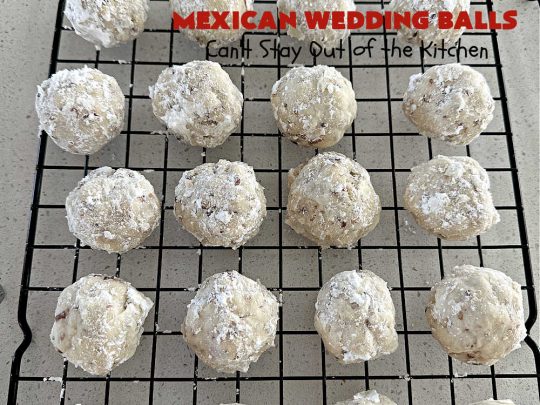 Mexican Wedding Balls | Can't Stay Out of the Kitchen | this vintage #recipe is perfect for #Christmas #baking & the #holidays. Rolling the #cookies in #PowderedSugar twice gives that extra bit of sweetness that's just wonderful. Great for #tailgating & office parties, too. #dessert #pecans #ChristmasDessert #PecanButterballs #SwedishTeaCakes #RussianTeaCakes #MexicanWeddingBalls