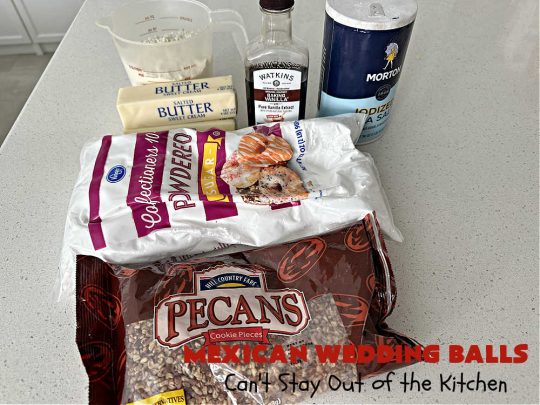Mexican Wedding Balls | Can't Stay Out of the Kitchen | this vintage #recipe is perfect for #Christmas #baking & the #holidays. Rolling the #cookies in #PowderedSugar twice gives that extra bit of sweetness that's just wonderful. Great for #tailgating & office parties, too. #dessert #pecans #ChristmasDessert #PecanButterballs #SwedishTeaCakes #RussianTeaCakes #MexicanWeddingBalls
