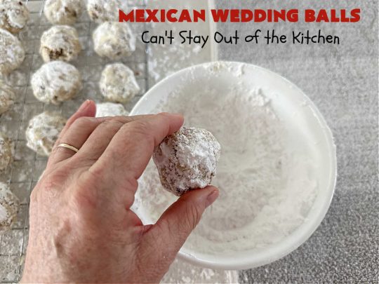Mexican Wedding Balls | Can't Stay Out of the Kitchen | this vintage #recipe is perfect for #Christmas #baking & the #holidays. Rolling the #cookies in #PowderedSugar twice gives that extra bit of sweetness that's just wonderful. Great for #tailgating & office parties, too. #dessert #pecans #ChristmasDessert #PecanButterballs #SwedishTeaCakes #RussianTeaCakes #MexicanWeddingBalls