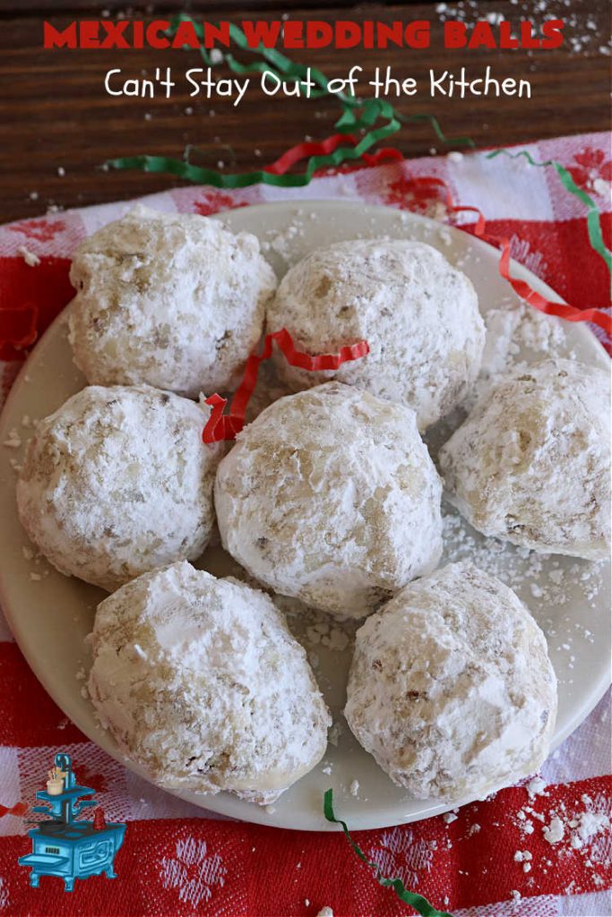 Mexican Wedding Balls | Can't Stay Out of the Kitchen | this vintage #recipe is perfect for #Christmas #baking & the #holidays. Rolling the #cookies in #PowderedSugar twice gives that extra bit of sweetness that's just wonderful. Great for #tailgating & office parties, too. #dessert #pecans #ChristmasDessert #PecanButterballs #SwedishTeaCakes #RussianTeaCakes #MexicanWeddingBalls