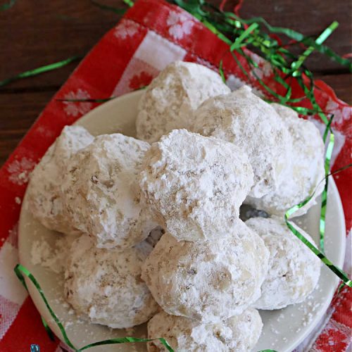 Mexican Wedding Balls | Can't Stay Out of the Kitchen | this vintage #recipe is perfect for #Christmas #baking & the #holidays. Rolling the #cookies in #PowderedSugar twice gives that extra bit of sweetness that's just wonderful. Great for #tailgating & office parties, too. #dessert #pecans #ChristmasDessert #PecanButterballs #SwedishTeaCakes #RussianTeaCakes #MexicanWeddingBalls