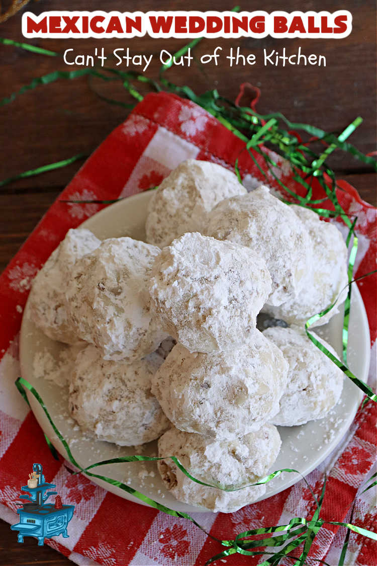 Mexican Wedding Balls | Can't Stay Out of the Kitchen | this vintage #recipe is perfect for #Christmas #baking & the #holidays. Rolling the #cookies in #PowderedSugar twice gives that extra bit of sweetness that's just wonderful. Great for #tailgating & office parties, too. #dessert #pecans #ChristmasDessert #PecanButterballs #SwedishTeaCakes #RussianTeaCakes #MexicanWeddingBalls