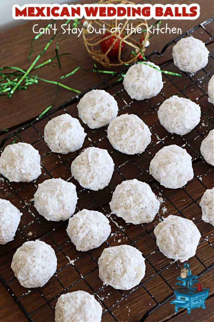 Mexican Wedding Balls | Can't Stay Out of the Kitchen | this vintage #recipe is perfect for #Christmas #baking & the #holidays. Rolling the #cookies in #PowderedSugar twice gives that extra bit of sweetness that's just wonderful. Great for #tailgating & office parties, too. #dessert #pecans #ChristmasDessert #PecanButterballs #SwedishTeaCakes #RussianTeaCakes #MexicanWeddingBalls