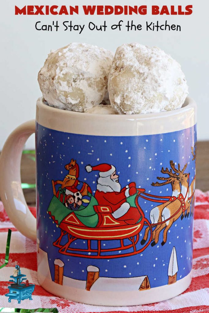 Mexican Wedding Balls | Can't Stay Out of the Kitchen | this vintage #recipe is perfect for #Christmas #baking & the #holidays. Rolling the #cookies in #PowderedSugar twice gives that extra bit of sweetness that's just wonderful. Great for #tailgating & office parties, too. #dessert #pecans #ChristmasDessert #PecanButterballs #SwedishTeaCakes #RussianTeaCakes #MexicanWeddingBalls