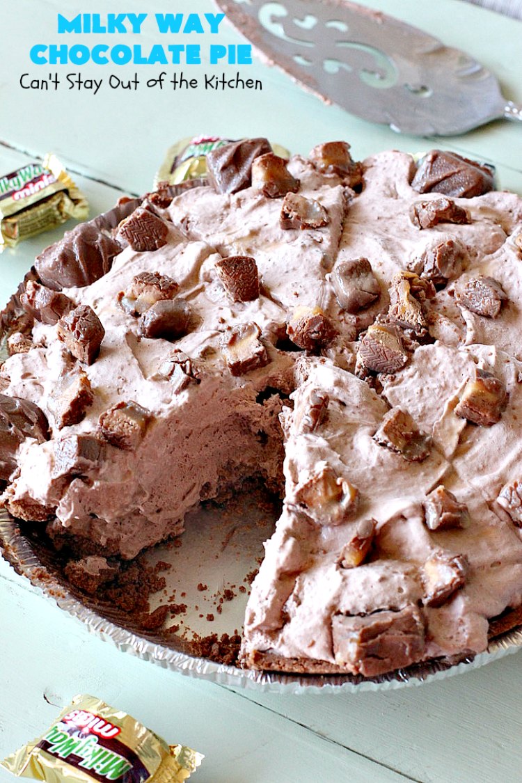 Milky Way Chocolate Pie | Can't Stay Out of the Kitchen | This sensational #ChocolatePie is rich, decadent, gooey, chocolaty & absolutely amazing. It's filled with #MilkyWayBars and is marvelous for a #holiday or company #dessert. #pie #chocolate #MilkyWayCandyBars #ChocolateDessert #MilkyWayDessert #MilkyWayChocolatePie