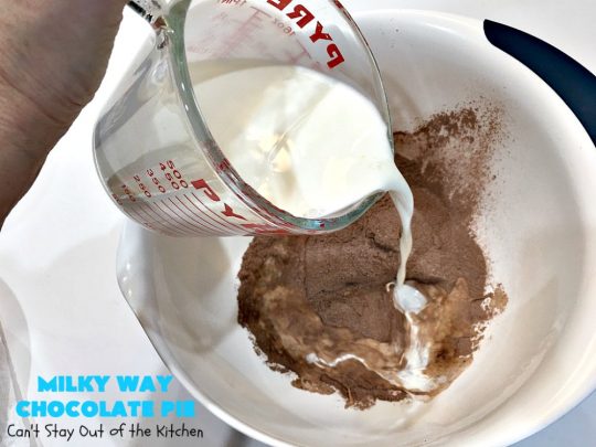 Milky Way Chocolate Pie | Can't Stay Out of the Kitchen | This sensational #ChocolatePie is rich, decadent, gooey, chocolaty & absolutely amazing. It's filled with #MilkyWayBars and is marvelous for a #holiday or company #dessert. #pie #chocolate #MilkyWayCandyBars #ChocolateDessert #MilkyWayDessert #MilkyWayChocolatePie