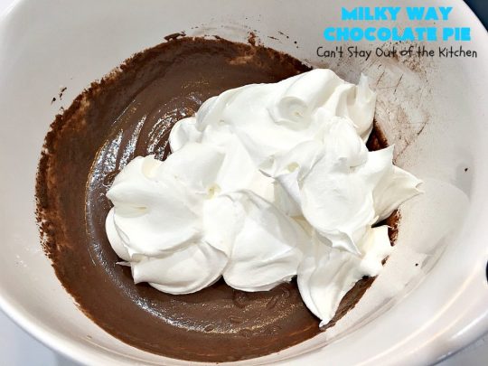 Milky Way Chocolate Pie | Can't Stay Out of the Kitchen | This sensational #ChocolatePie is rich, decadent, gooey, chocolaty & absolutely amazing. It's filled with #MilkyWayBars and is marvelous for a #holiday or company #dessert. #pie #chocolate #MilkyWayCandyBars #ChocolateDessert #MilkyWayDessert #MilkyWayChocolatePie