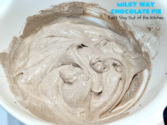 Milky Way Chocolate Pie | Can't Stay Out of the Kitchen | This sensational #ChocolatePie is rich, decadent, gooey, chocolaty & absolutely amazing. It's filled with #MilkyWayBars and is marvelous for a #holiday or company #dessert. #pie #chocolate #MilkyWayCandyBars #ChocolateDessert #MilkyWayDessert #MilkyWayChocolatePie