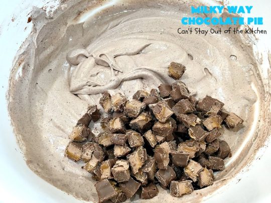 Milky Way Chocolate Pie | Can't Stay Out of the Kitchen | This sensational #ChocolatePie is rich, decadent, gooey, chocolaty & absolutely amazing. It's filled with #MilkyWayBars and is marvelous for a #holiday or company #dessert. #pie #chocolate #MilkyWayCandyBars #ChocolateDessert #MilkyWayDessert #MilkyWayChocolatePie
