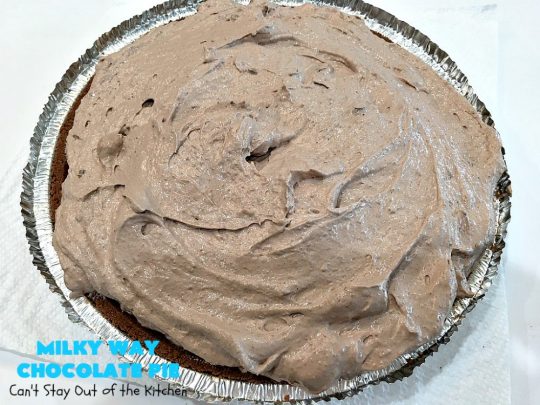 Milky Way Chocolate Pie | Can't Stay Out of the Kitchen | This sensational #ChocolatePie is rich, decadent, gooey, chocolaty & absolutely amazing. It's filled with #MilkyWayBars and is marvelous for a #holiday or company #dessert. #pie #chocolate #MilkyWayCandyBars #ChocolateDessert #MilkyWayDessert #MilkyWayChocolatePie