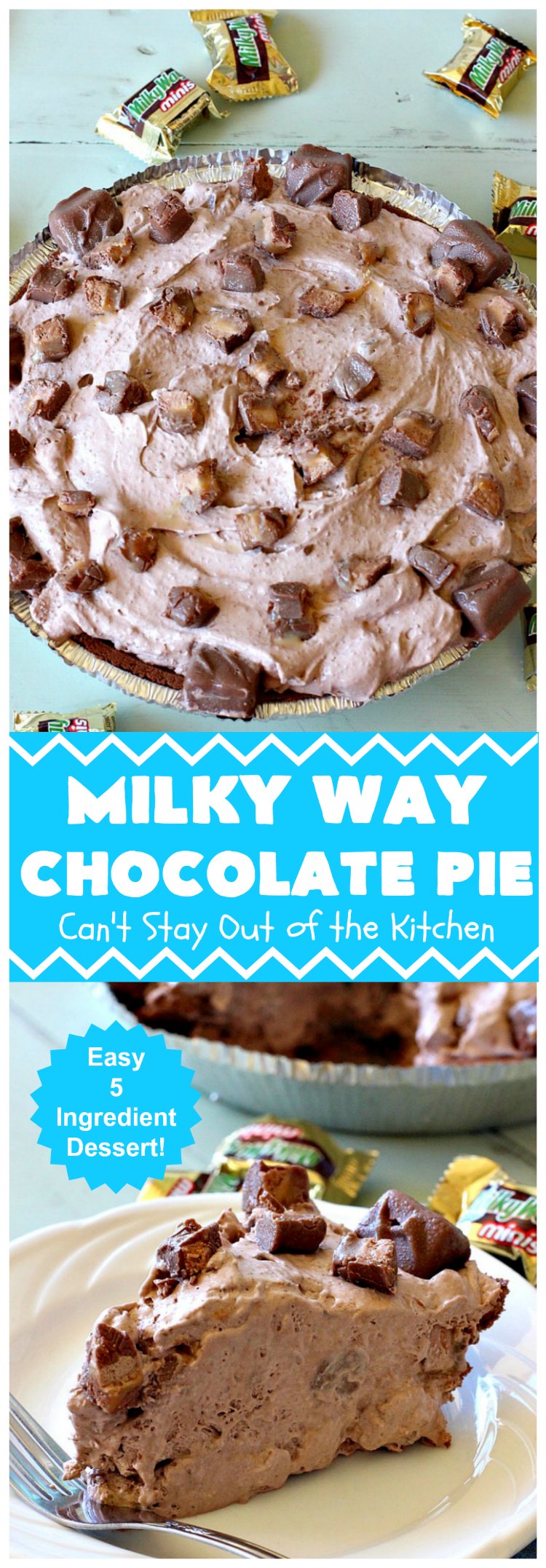 Milky Way Chocolate Pie | Can't Stay Out of the Kitchen | This sensational #ChocolatePie is rich, decadent, gooey, chocolaty & absolutely amazing. It's filled with #MilkyWayBars and is marvelous for a #holiday or company #dessert. #pie #chocolate #MilkyWayCandyBars #ChocolateDessert #MilkyWayDessert #MilkyWayChocolatePie
