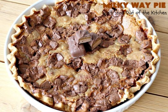 Milky Way Pie | Can't Stay Out of the Kitchen | this #pie will rock your world! It's filled with #MilkyWayBars so it gives you a spectacular dose of #chocolate & #caramel. Each bite will cure whatever ails ya! Great for special occasions, #holidays & #ValentinesDay. #dessert #HolidayDessert #ChocolateDessert #CaramelDessert #MilkyWayPie