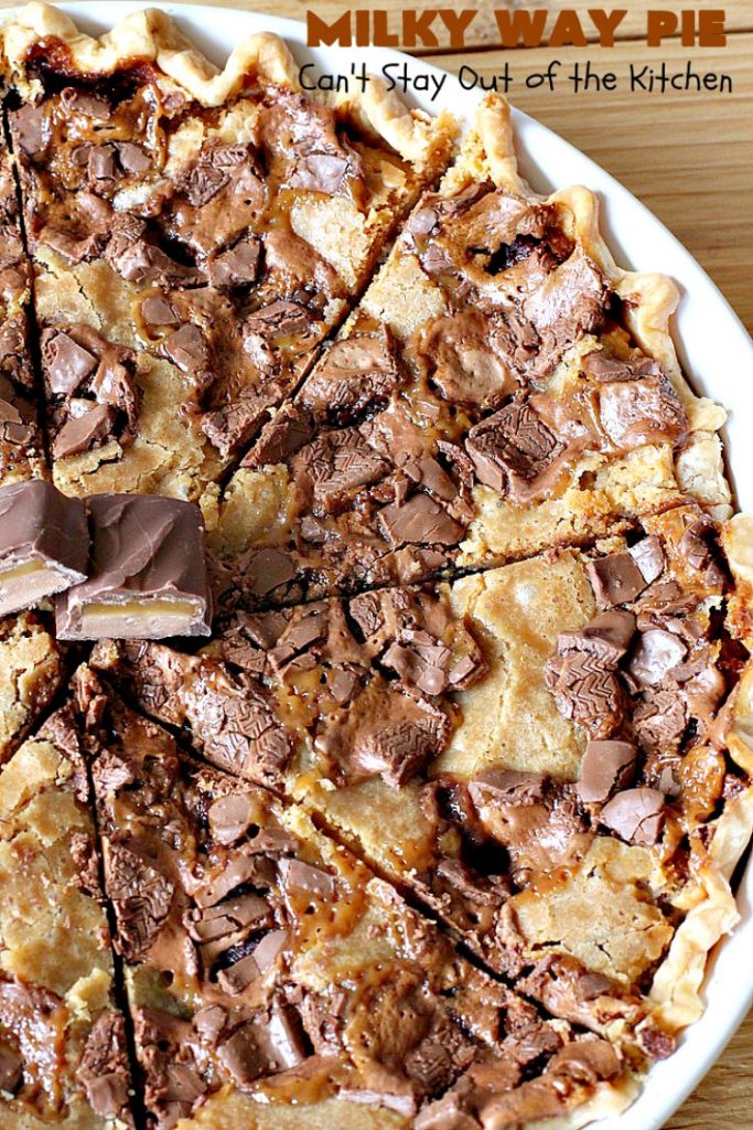 Milky Way Pie | Can't Stay Out of the Kitchen | this #pie will rock your world! It's filled with #MilkyWayBars so it gives you a spectacular dose of #chocolate & #caramel. Each bite will cure whatever ails ya! Great for special occasions, #holidays & #ValentinesDay. #dessert #HolidayDessert #ChocolateDessert #CaramelDessert #MilkyWayPie