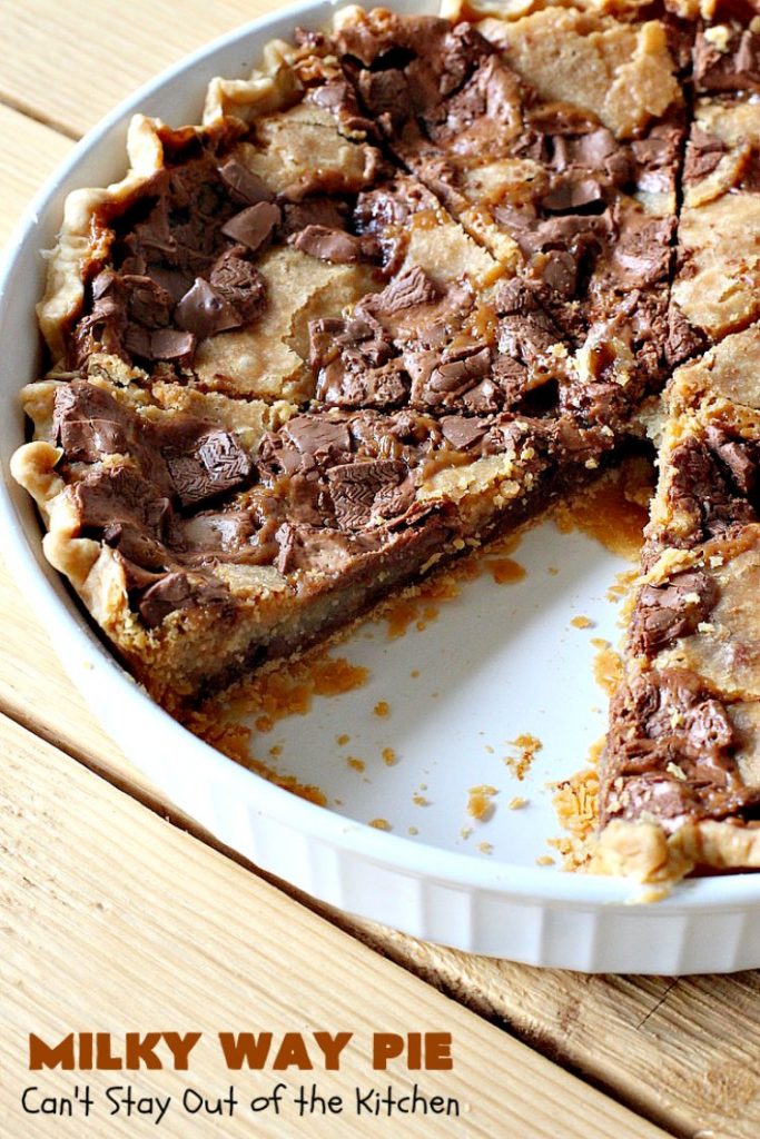 Milky Way Pie | Can't Stay Out of the Kitchen | this #pie will rock your world! It's filled with #MilkyWayBars so it gives you a spectacular dose of #chocolate & #caramel. Each bite will cure whatever ails ya! Great for special occasions, #holidays & #ValentinesDay. #dessert #HolidayDessert #ChocolateDessert #CaramelDessert #MilkyWayPie