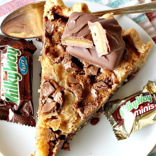 Milky Way Pie | Can't Stay Out of the Kitchen | this #pie will rock your world! It's filled with #MilkyWayBars so it gives you a spectacular dose of #chocolate & #caramel. Each bite will cure whatever ails ya! Great for special occasions, #holidays & #ValentinesDay. #dessert #HolidayDessert #ChocolateDessert #CaramelDessert #MilkyWayPie