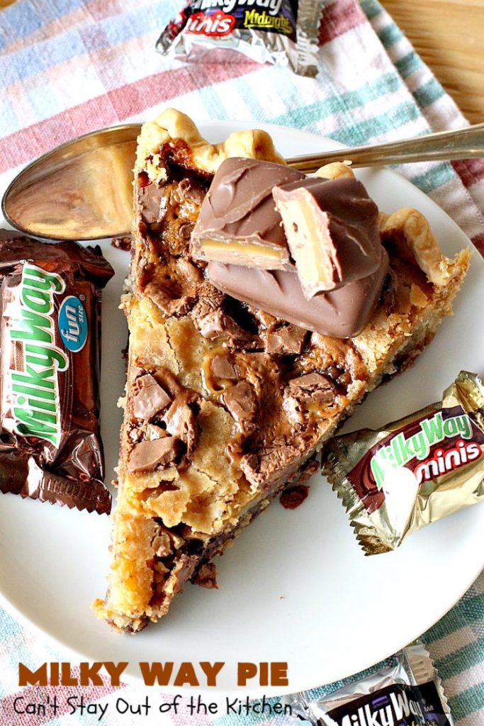 Milky Way Pie | Can't Stay Out of the Kitchen | this #pie will rock your world! It's filled with #MilkyWayBars so it gives you a spectacular dose of #chocolate & #caramel. Each bite will cure whatever ails ya! Great for special occasions, #holidays & #ValentinesDay. #dessert #HolidayDessert #ChocolateDessert #CaramelDessert #MilkyWayPie