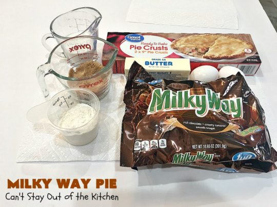 Milky Way Pie | Can't Stay Out of the Kitchen | this #pie will rock your world! It's filled with #MilkyWayBars so it gives you a spectacular dose of #chocolate & #caramel. Each bite will cure whatever ails ya! Great for special occasions, #holidays & #ValentinesDay. #dessert #HolidayDessert #ChocolateDessert #CaramelDessert #MilkyWayPie