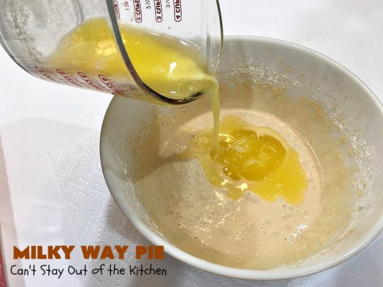 Milky Way Pie | Can't Stay Out of the Kitchen | this #pie will rock your world! It's filled with #MilkyWayBars so it gives you a spectacular dose of #chocolate & #caramel. Each bite will cure whatever ails ya! Great for special occasions, #holidays & #ValentinesDay. #dessert #HolidayDessert #ChocolateDessert #CaramelDessert #MilkyWayPie