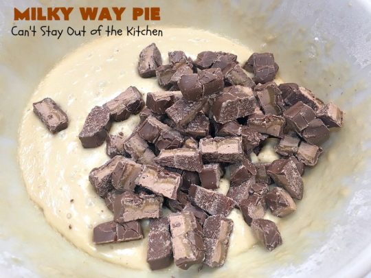 Milky Way Pie | Can't Stay Out of the Kitchen | this #pie will rock your world! It's filled with #MilkyWayBars so it gives you a spectacular dose of #chocolate & #caramel. Each bite will cure whatever ails ya! Great for special occasions, #holidays & #ValentinesDay. #dessert #HolidayDessert #ChocolateDessert #CaramelDessert #MilkyWayPie