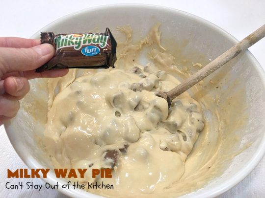 Milky Way Pie | Can't Stay Out of the Kitchen | this #pie will rock your world! It's filled with #MilkyWayBars so it gives you a spectacular dose of #chocolate & #caramel. Each bite will cure whatever ails ya! Great for special occasions, #holidays & #ValentinesDay. #dessert #HolidayDessert #ChocolateDessert #CaramelDessert #MilkyWayPie