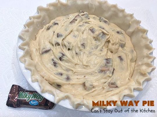 Milky Way Pie | Can't Stay Out of the Kitchen | this #pie will rock your world! It's filled with #MilkyWayBars so it gives you a spectacular dose of #chocolate & #caramel. Each bite will cure whatever ails ya! Great for special occasions, #holidays & #ValentinesDay. #dessert #HolidayDessert #ChocolateDessert #CaramelDessert #MilkyWayPie