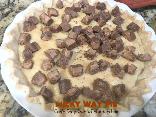 Milky Way Pie | Can't Stay Out of the Kitchen | this #pie will rock your world! It's filled with #MilkyWayBars so it gives you a spectacular dose of #chocolate & #caramel. Each bite will cure whatever ails ya! Great for special occasions, #holidays & #ValentinesDay. #dessert #HolidayDessert #ChocolateDessert #CaramelDessert #MilkyWayPie