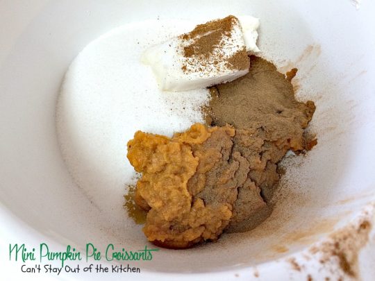 Mini Pumpkin Pie Croissants | Can't Stay Out of the Kitchen | these lovely #croissants taste like eating #pumpkinpie! Quick and easy since they use #crescentrolls. #pumpkin #breakfast