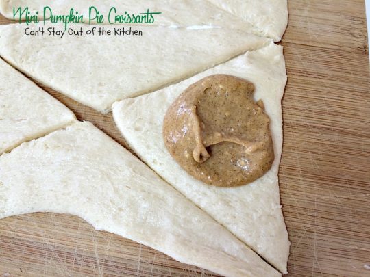 Mini Pumpkin Pie Croissants | Can't Stay Out of the Kitchen | these lovely #croissants taste like eating #pumpkinpie! Quick and easy since they use #crescentrolls. #pumpkin #breakfast