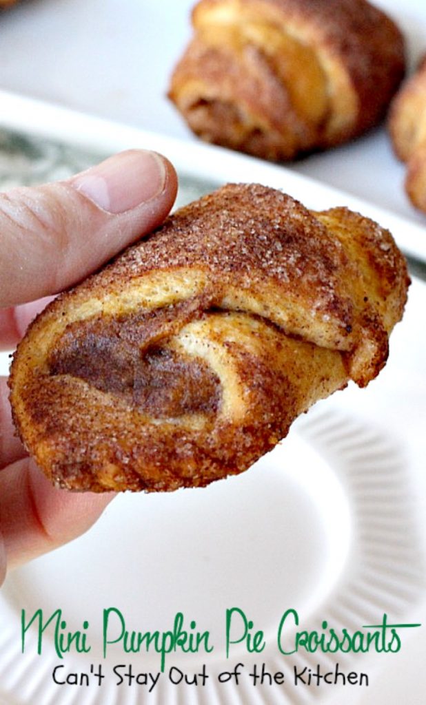Mini Pumpkin Pie Croissants | Can't Stay Out of the Kitchen | these lovely #croissants taste like eating #pumpkinpie! Quick and easy since they use #crescentrolls. #pumpkin #breakfast