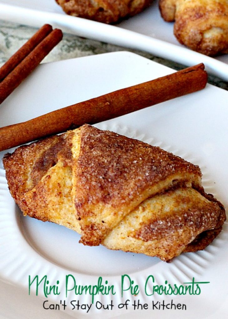 Mini Pumpkin Pie Croissants | Can't Stay Out of the Kitchen | these lovely #croissants taste like eating #pumpkinpie! Quick and easy since they use #crescentrolls. #pumpkin #breakfast