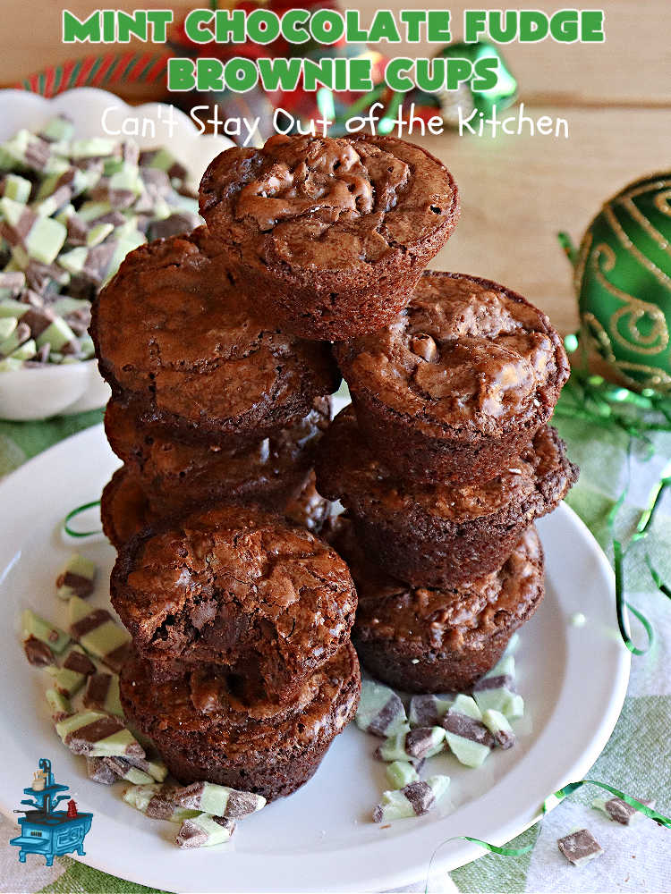 Mint Chocolate Fudge Brownie Cups | Can't Stay Out of the Kitchen | These luscious #brownies include #cocoa, #ChocolateChips, a #SemiSweetChocolateBakingBar & #MintFudgeFlavoredBakingChips (like #AndesMints!) They are so delectable you'll be swooning over every bite. Perfect for #tailgating, a #potluck, #BackyardBarbecue or #ChristmasCookieExchange. #chocolate #MintChocolate #MintChocolateFudgeBrownieCups