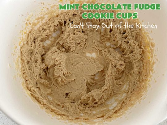 Mint Chocolate Fudge Cookie Cups | Can't Stay Out of the Kitchen | these luscious #CookieCups have a very light essence of #mint along with a huge dose of #chocolate! They're perfect anytime you want a sweet treat for #tailgating parties, #potlucks, #BackyardBarbecues or need a #chocolate fix! #MintChocolateFudge #MintFudgeFlavoredBakingChunks #MintChocolateFudgeCookieCups #cookies #brownies