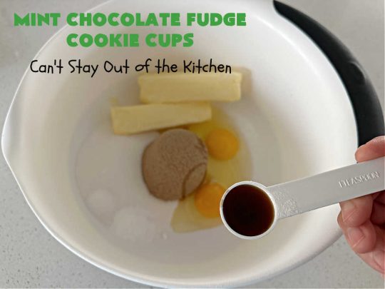 Mint Chocolate Fudge Cookie Cups | Can't Stay Out of the Kitchen | these luscious #CookieCups have a very light essence of #mint along with a huge dose of #chocolate! They're perfect anytime you want a sweet treat for #tailgating parties, #potlucks, #BackyardBarbecues or need a #chocolate fix! #MintChocolateFudge #MintFudgeFlavoredBakingChunks #MintChocolateFudgeCookieCups #cookies #brownies