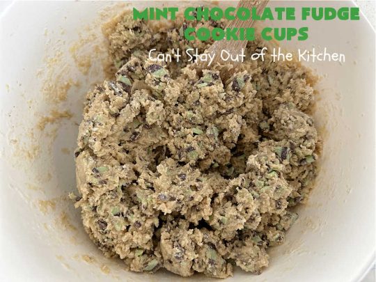 Mint Chocolate Fudge Cookie Cups | Can't Stay Out of the Kitchen | these luscious #CookieCups have a very light essence of #mint along with a huge dose of #chocolate! They're perfect anytime you want a sweet treat for #tailgating parties, #potlucks, #BackyardBarbecues or need a #chocolate fix! #MintChocolateFudge #MintFudgeFlavoredBakingChunks #MintChocolateFudgeCookieCups #cookies #brownies