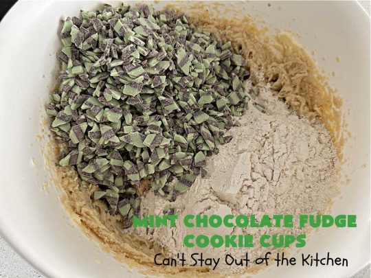 Mint Chocolate Fudge Cookie Cups | Can't Stay Out of the Kitchen | these luscious #CookieCups have a very light essence of #mint along with a huge dose of #chocolate! They're perfect anytime you want a sweet treat for #tailgating parties, #potlucks, #BackyardBarbecues or need a #chocolate fix! #MintChocolateFudge #MintFudgeFlavoredBakingChunks #MintChocolateFudgeCookieCups #cookies #brownies