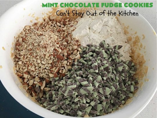 Mint Chocolate Fudge Cookies | Can't Stay Out of the Kitchen | these fantastic #cookies are nothing short of sensational. They have become one of my most requested #cookie #recipes. They have the perfect blend of flavors with #mint, #chocolate, #fudge & #almonds. Every bite will have you swooning. They're so good it's hard to stop at just one! #tailgating #holiday #HolidayBaking #ChocolateDessert #ChocolateChipCookie #dessert #MintChocolateFudgeCookies #ChristmasCookieExchange