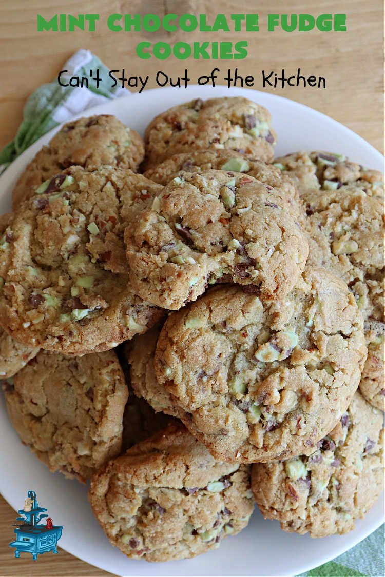 Mint Chocolate Fudge Cookies | Can't Stay Out of the Kitchen | these fantastic #cookies are nothing short of sensational. They have become one of my most requested #cookie #recipes. They have the perfect blend of flavors with #mint, #chocolate, #fudge & #almonds. Every bite will have you swooning. They're so good it's hard to stop at just one! #tailgating #holiday #HolidayBaking #ChocolateDessert #ChocolateChipCookie #dessert #MintChocolateFudgeCookies #ChristmasCookieExchange