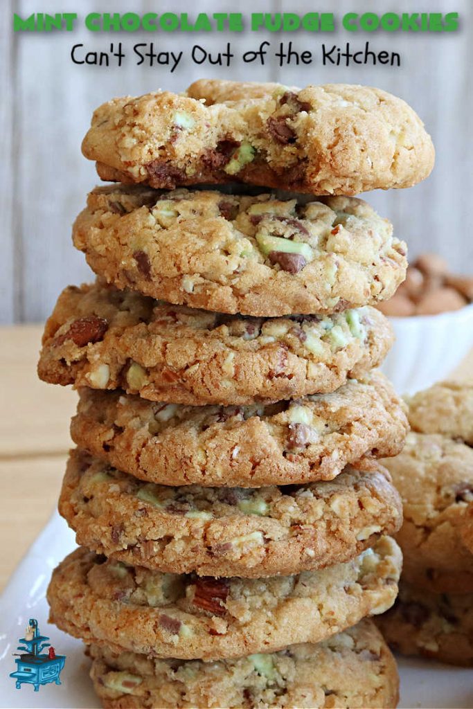 Mint Chocolate Fudge Cookies | Can't Stay Out of the Kitchen | these fantastic #cookies are nothing short of sensational. They have become one of my most requested #cookie #recipes. They have the perfect blend of flavors with #mint, #chocolate, #fudge & #almonds. Every bite will have you swooning. They're so good it's hard to stop at just one! #tailgating #holiday #HolidayBaking #ChocolateDessert #ChocolateChipCookie #dessert #MintChocolateFudgeCookies #ChristmasCookieExchange