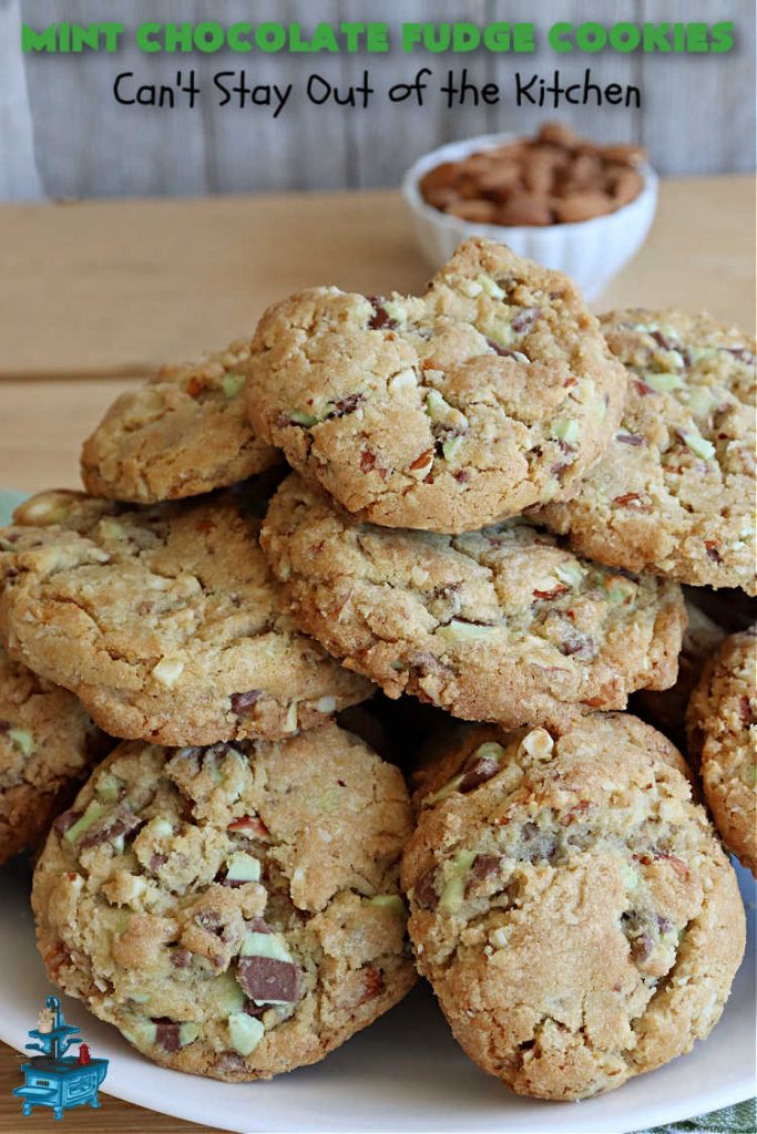 Mint Chocolate Fudge Cookies | Can't Stay Out of the Kitchen | these fantastic #cookies are nothing short of sensational. They have become one of my most requested #cookie #recipes. They have the perfect blend of flavors with #mint, #chocolate, #fudge & #almonds. Every bite will have you swooning. They're so good it's hard to stop at just one! #tailgating #holiday #HolidayBaking #ChocolateDessert #ChocolateChipCookie #dessert #MintChocolateFudgeCookies #ChristmasCookieExchange