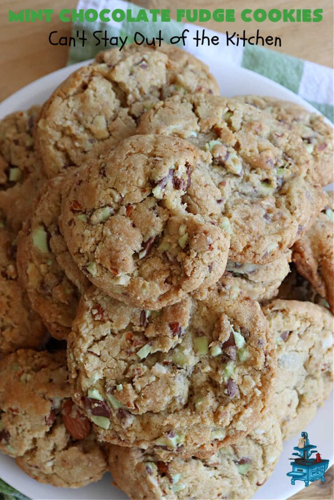 Mint Chocolate Fudge Cookies | Can't Stay Out of the Kitchen | these fantastic #cookies are nothing short of sensational. They have become one of my most requested #cookie #recipes. They have the perfect blend of flavors with #mint, #chocolate, #fudge & #almonds. Every bite will have you swooning. They're so good it's hard to stop at just one! #tailgating #holiday #HolidayBaking #ChocolateDessert #ChocolateChipCookie #dessert #MintChocolateFudgeCookies #ChristmasCookieExchange