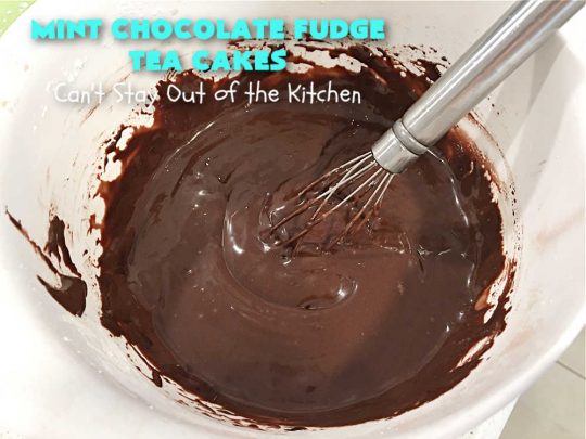 Mint Chocolate Fudge Tea Cakes | Can't Stay Out of the Kitchen | these breathtaking #TeaCakes include lots of #chocolate with just a hint of #mint. This dynamic duo of flavors is absolutely irresistible. This #dessert is so mouthwatering & irresistible you'll put it on your menu frequently. Great for #holidays, special occasions and potlucks. #cake #ChocolateDessert #HolidayDessert #Bundt #MintChocolateFudgeTeaCakes