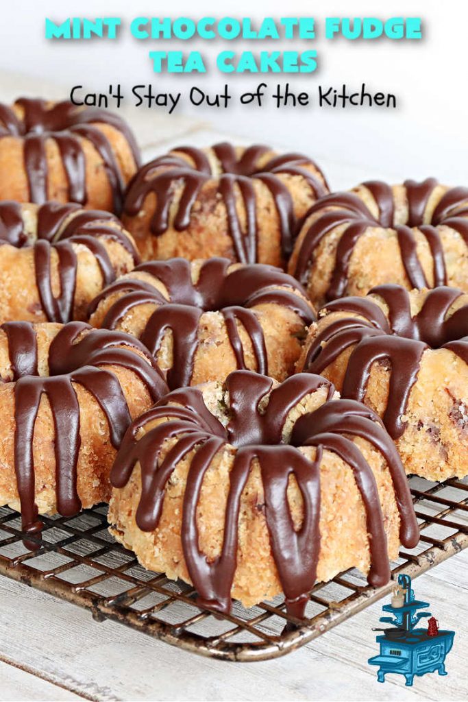 Mint Chocolate Fudge Tea Cakes | Can't Stay Out of the Kitchen | these breathtaking #TeaCakes include lots of #chocolate with just a hint of #mint. This dynamic duo of flavors is absolutely irresistible. This #dessert is so mouthwatering & irresistible you'll put it on your menu frequently. Great for #holidays, special occasions and potlucks. #cake #ChocolateDessert #HolidayDessert #Bundt #MintChocolateFudgeTeaCakes