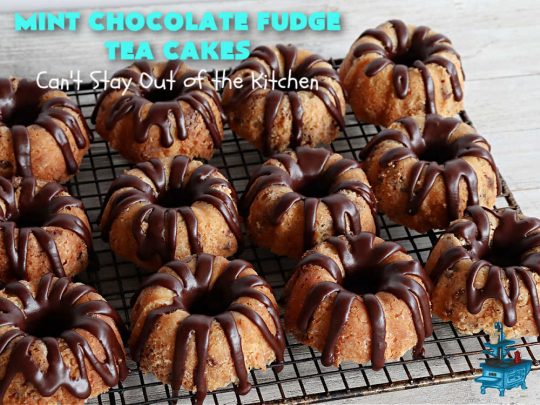 Mint Chocolate Fudge Tea Cakes | Can't Stay Out of the Kitchen | these breathtaking #TeaCakes include lots of #chocolate with just a hint of #mint. This dynamic duo of flavors is absolutely irresistible. This #dessert is so mouthwatering & irresistible you'll put it on your menu frequently. Great for #holidays, special occasions and potlucks. #cake #ChocolateDessert #HolidayDessert #Bundt #MintChocolateFudgeTeaCakes