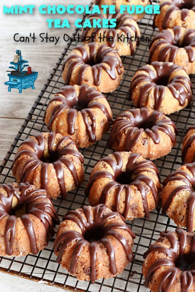Mint Chocolate Fudge Tea Cakes | Can't Stay Out of the Kitchen | these breathtaking #TeaCakes include lots of #chocolate with just a hint of #mint. This dynamic duo of flavors is absolutely irresistible. This #dessert is so mouthwatering & irresistible you'll put it on your menu frequently. Great for #holidays, special occasions and potlucks. #cake #ChocolateDessert #HolidayDessert #Bundt #MintChocolateFudgeTeaCakes