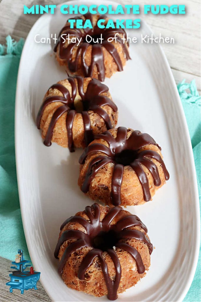 Mint Chocolate Fudge Tea Cakes | Can't Stay Out of the Kitchen | these breathtaking #TeaCakes include lots of #chocolate with just a hint of #mint. This dynamic duo of flavors is absolutely irresistible. This #dessert is so mouthwatering & irresistible you'll put it on your menu frequently. Great for #holidays, special occasions and potlucks. #cake #ChocolateDessert #HolidayDessert #Bundt #MintChocolateFudgeTeaCakes