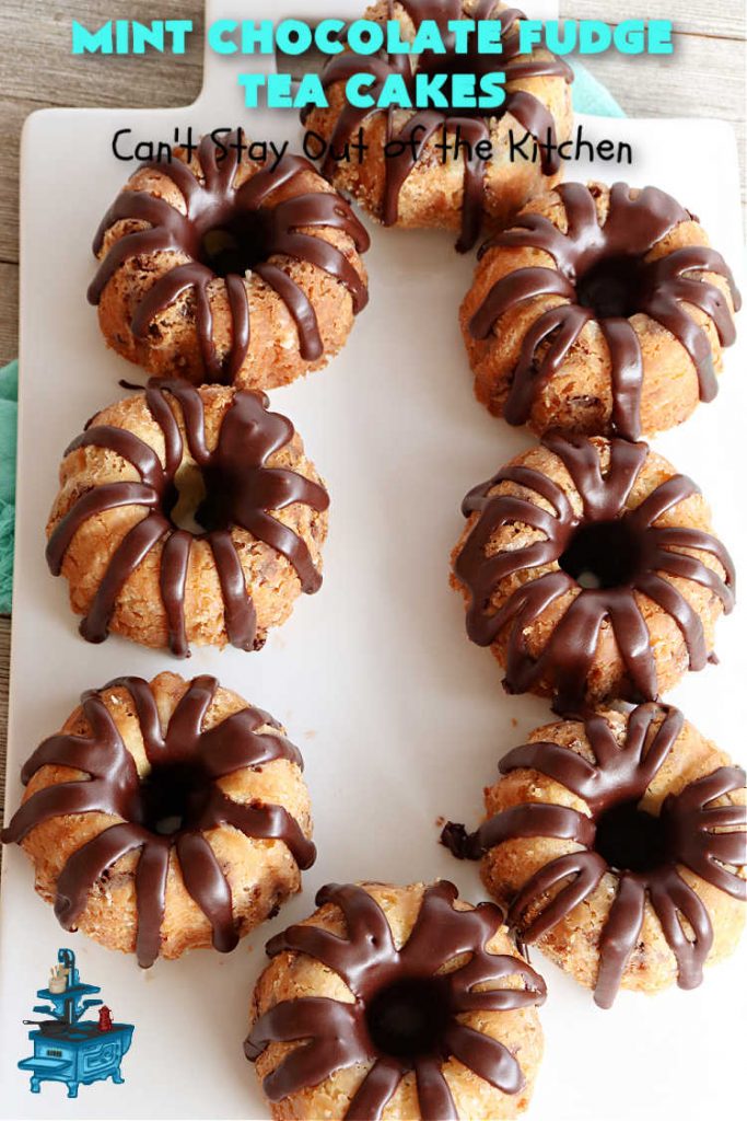 Mint Chocolate Fudge Tea Cakes | Can't Stay Out of the Kitchen | these breathtaking #TeaCakes include lots of #chocolate with just a hint of #mint. This dynamic duo of flavors is absolutely irresistible. This #dessert is so mouthwatering & irresistible you'll put it on your menu frequently. Great for #holidays, special occasions and potlucks. #cake #ChocolateDessert #HolidayDessert #Bundt #MintChocolateFudgeTeaCakes