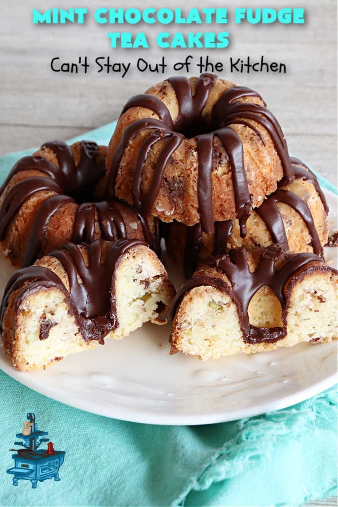 Mint Chocolate Fudge Tea Cakes | Can't Stay Out of the Kitchen | these breathtaking #TeaCakes include lots of #chocolate with just a hint of #mint. This dynamic duo of flavors is absolutely irresistible. This #dessert is so mouthwatering & irresistible you'll put it on your menu frequently. Great for #holidays, special occasions and potlucks. #cake #ChocolateDessert #HolidayDessert #Bundt #MintChocolateFudgeTeaCakes