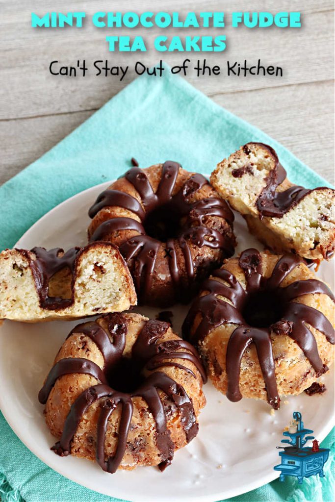 Mint Chocolate Fudge Tea Cakes | Can't Stay Out of the Kitchen | these breathtaking #TeaCakes include lots of #chocolate with just a hint of #mint. This dynamic duo of flavors is absolutely irresistible. This #dessert is so mouthwatering & irresistible you'll put it on your menu frequently. Great for #holidays, special occasions and potlucks. #cake #ChocolateDessert #HolidayDessert #Bundt #MintChocolateFudgeTeaCakes